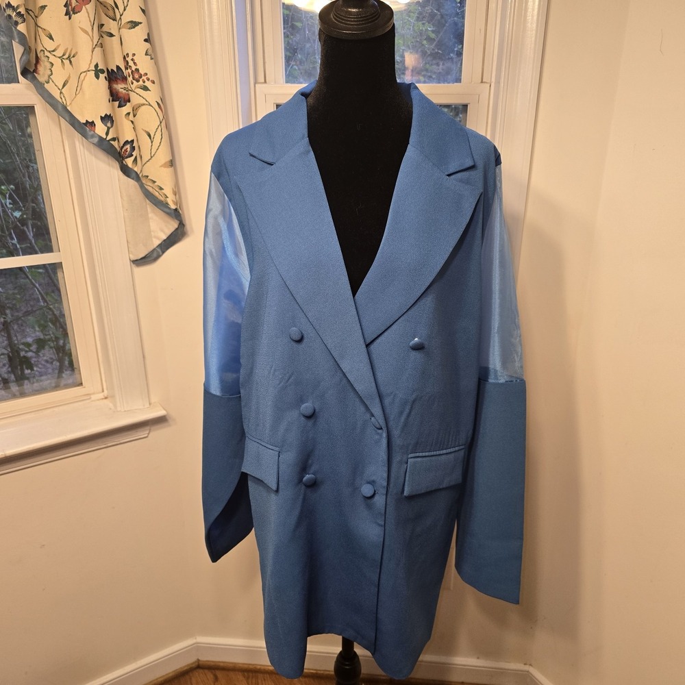 Signed Blake The Drop Blue Sheer‎ Sleeve Double Breasted Blazer Dress Womens 3X